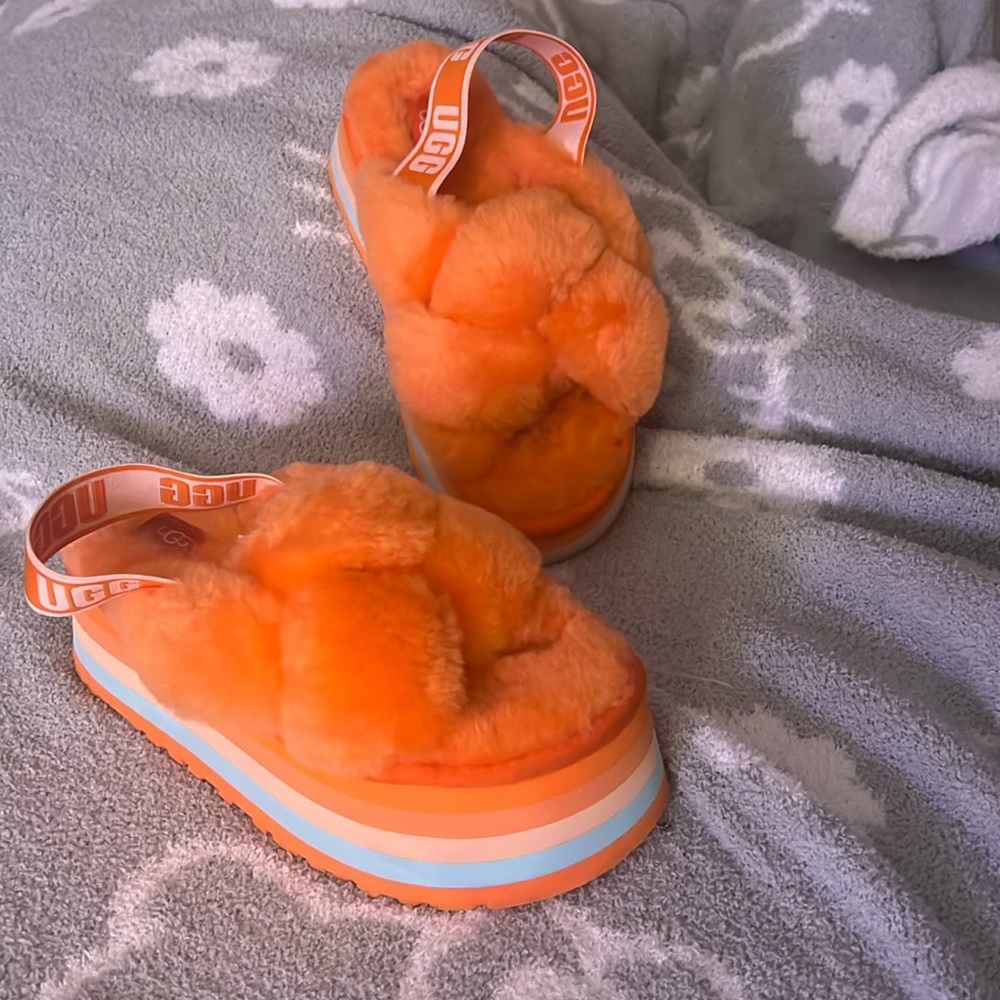 Orange Fluffy platform disco uggs
